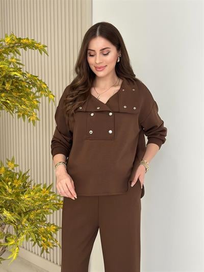 Yakası Çıtçıt Detaylı Modal Takım Kahve