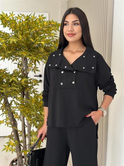 Yakası Çıtçıt Detaylı Modal Takım Siyah
