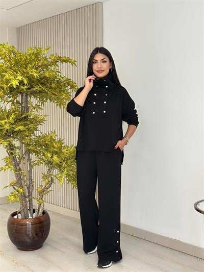 Yakası Çıtçıt Detaylı Modal Takım Siyah