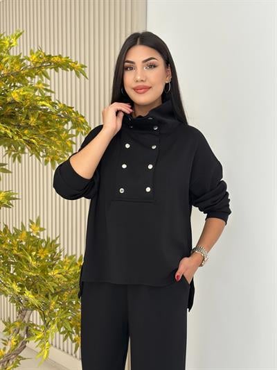 Yakası Çıtçıt Detaylı Modal Takım Siyah