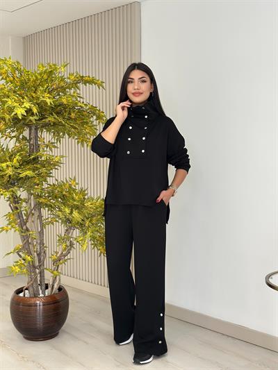 Yakası Çıtçıt Detaylı Modal Takım Siyah