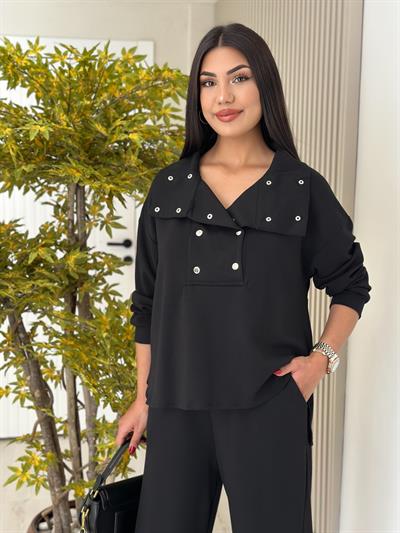 Yakası Çıtçıt Detaylı Modal Takım Siyah