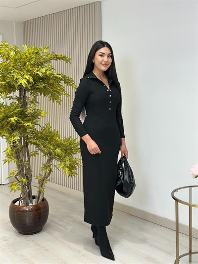 Yakası Çıtçıtlı Ottoman Kumaş Yırtmaçlı Elbise Siyah