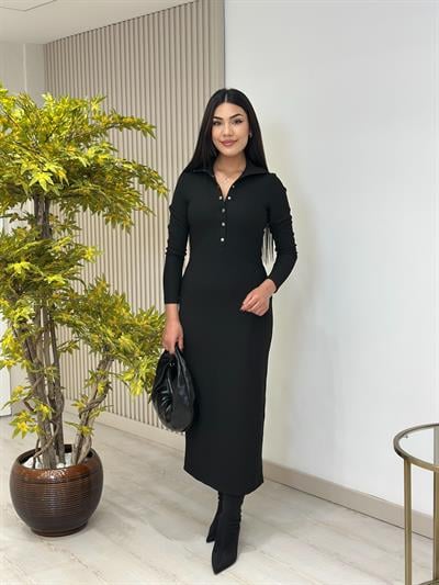 Yakası Çıtçıtlı Ottoman Kumaş Yırtmaçlı Elbise Siyah