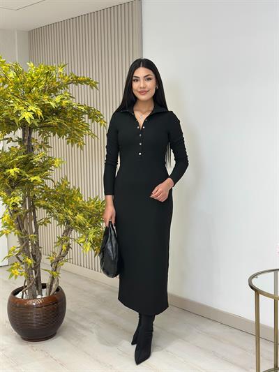 Yakası Çıtçıtlı Ottoman Kumaş Yırtmaçlı Elbise Siyah