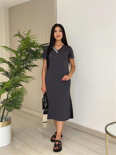 Yakası Çizgili Modal Kumaş Elbise Antrasit