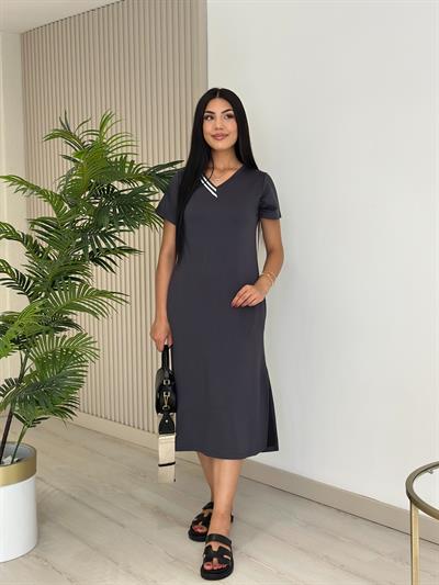 Yakası Çizgili Modal Kumaş Elbise Antrasit