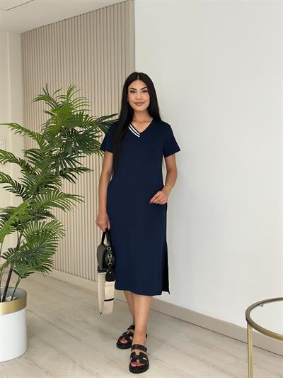 Yakası Çizgili Modal Kumaş Elbise Lacivert