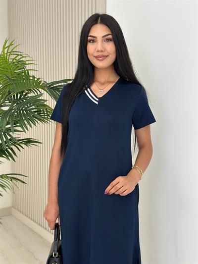 Yakası Çizgili Modal Kumaş Elbise Lacivert