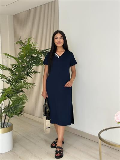 Yakası Çizgili Modal Kumaş Elbise Lacivert