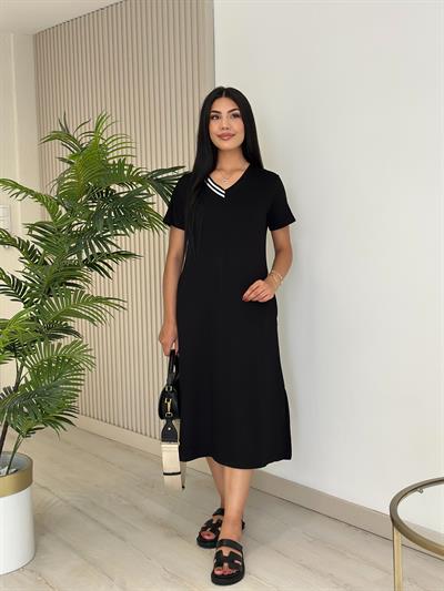 Yakası Çizgili Modal Kumaş Elbise Siyah