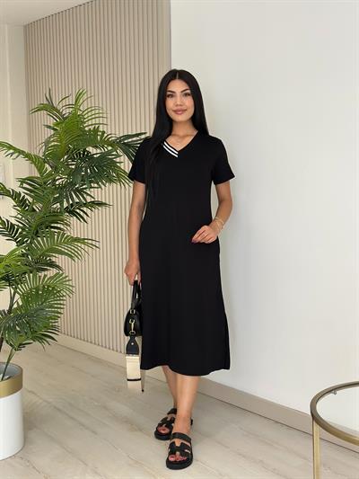 Yakası Çizgili Modal Kumaş Elbise Siyah