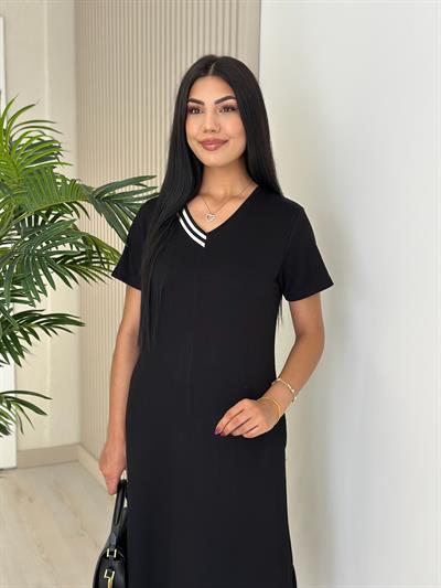 Yakası Çizgili Modal Kumaş Elbise Siyah
