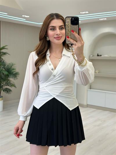 Yakası Düğmeli Bağlama Detaylı Şifon Kol Bluz Beyaz