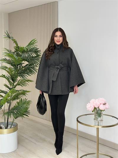 Yakası Düğmeli Kuşaklı Kaşe Panço Antrasit