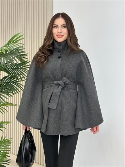 Yakası Düğmeli Kuşaklı Kaşe Panço Antrasit