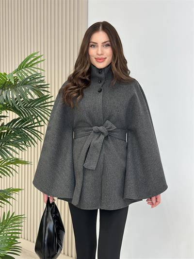 Yakası Düğmeli Kuşaklı Kaşe Panço Antrasit