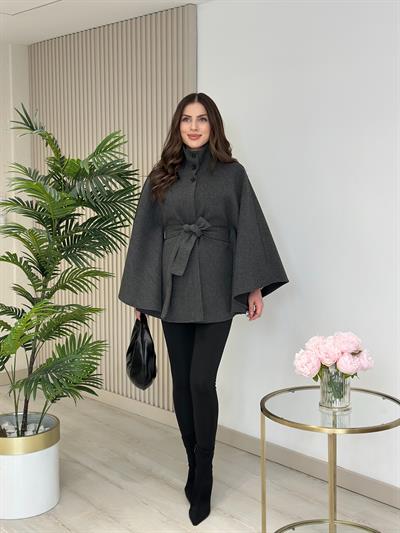 Yakası Düğmeli Kuşaklı Kaşe Panço Antrasit