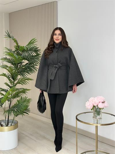 Yakası Düğmeli Kuşaklı Kaşe Panço Antrasit