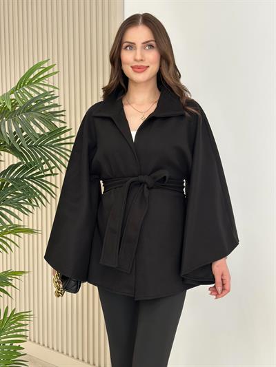 Yakası Düğmeli Kuşaklı Kaşe Panço Siyah