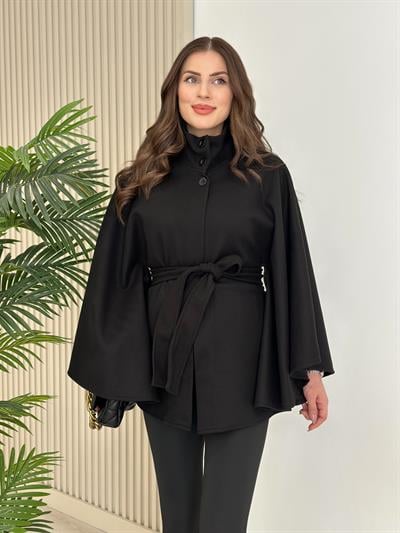 Yakası Düğmeli Kuşaklı Kaşe Panço Siyah