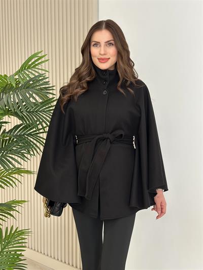 Yakası Düğmeli Kuşaklı Kaşe Panço Siyah