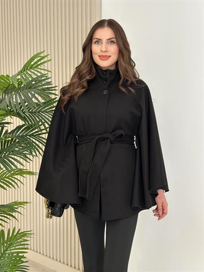 Yakası Düğmeli Kuşaklı Kaşe Panço Siyah