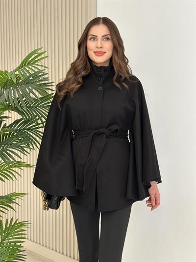 Yakası Düğmeli Kuşaklı Kaşe Panço Siyah