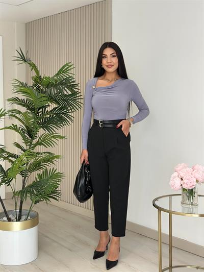 Yakası Düğmeli Sandy Kumaş Bluz Gri