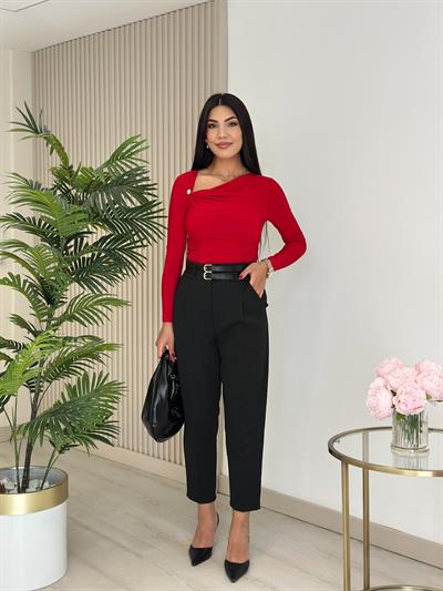 Yakası Düğmeli Sandy Kumaş Bluz Kırmızı