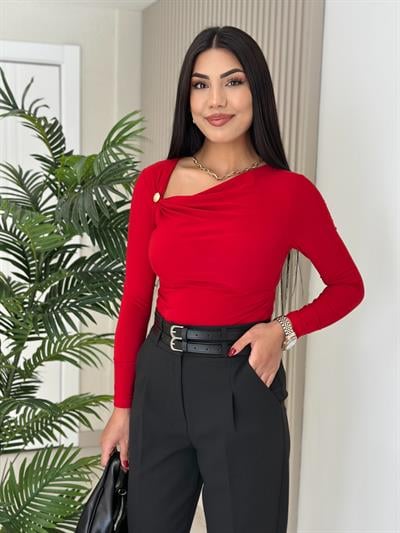 Yakası Düğmeli Sandy Kumaş Bluz Kırmızı