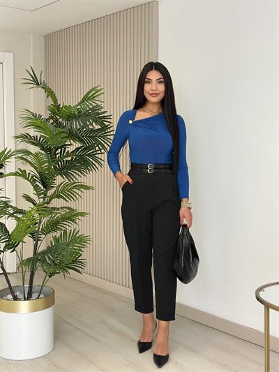 Yakası Düğmeli Sandy Kumaş Bluz Mavi 