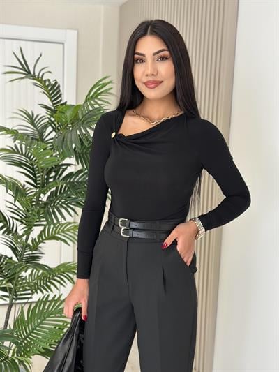 Yakası Düğmeli Sandy Kumaş Bluz Siyah