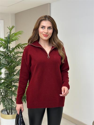 Yakası Fermuar Detaylı Yumoş Kazak Bordo