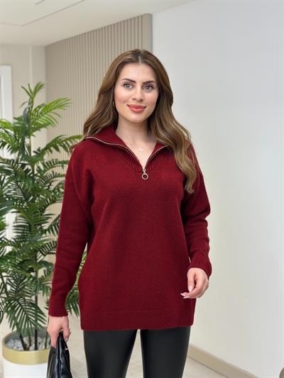 Yakası Fermuar Detaylı Yumoş Kazak Bordo