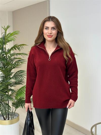 Yakası Fermuar Detaylı Yumoş Kazak Bordo