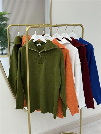 Yakası Fermuar Detaylı Yumoş Kazak Bordo