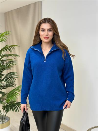 Yakası Fermuar Detaylı Yumoş Kazak Saks Mavi