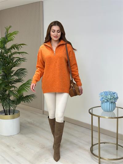 Yakası Fermuar Detaylı Yumoş Kazak Turuncu