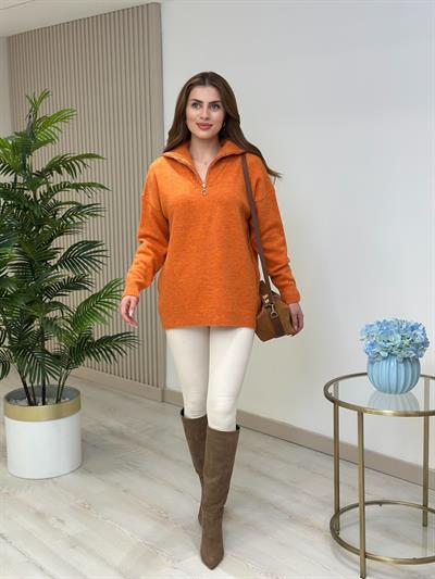 Yakası Fermuar Detaylı Yumoş Kazak Turuncu