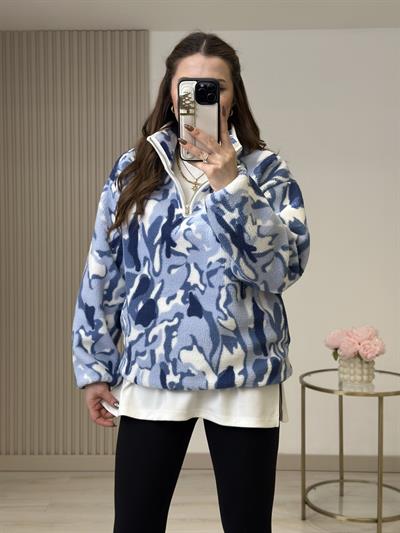 Yakası Fermuarlı Cepli Polar Sweatshirt Mavi Desenli