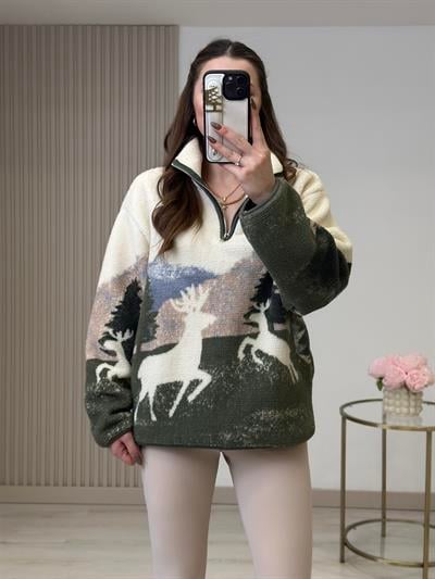 Yakası Fermuarlı Cepli Polar Sweatshirt Geyik Desenli