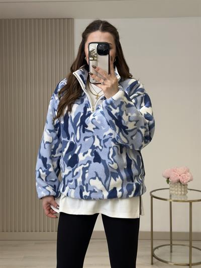 Yakası Fermuarlı Cepli Polar Sweatshirt Mavi Desenli