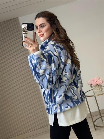 Yakası Fermuarlı Cepli Polar Sweatshirt Mavi Desenli