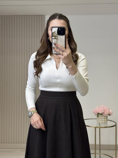 Yakası Fermuarlı Modal Bluz Beyaz