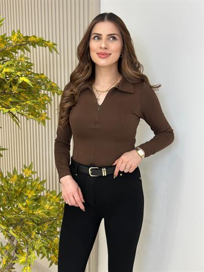Yakası Fermuarlı Modal Bluz Kahve
