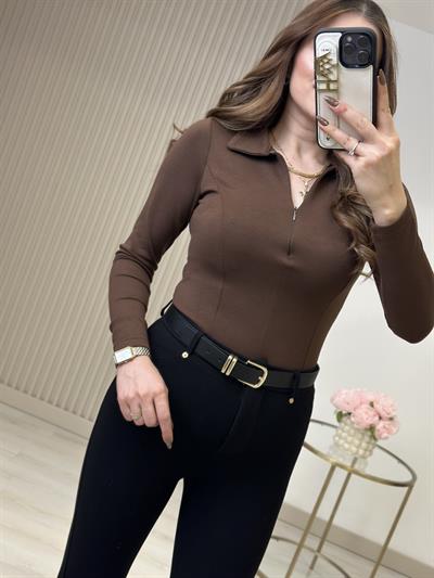 Yakası Fermuarlı Modal Bluz Kahve