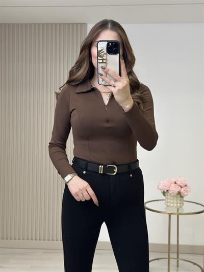 Yakası Fermuarlı Modal Bluz Kahve