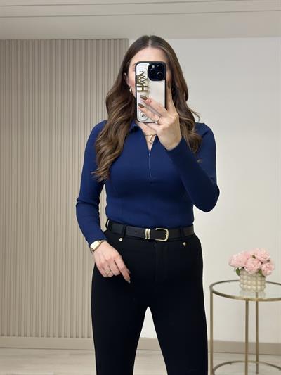 Yakası Fermuarlı Modal Bluz Lacivert 