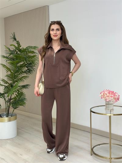 Yakası Fermuarlı Modal Kumaş Takım Kahve